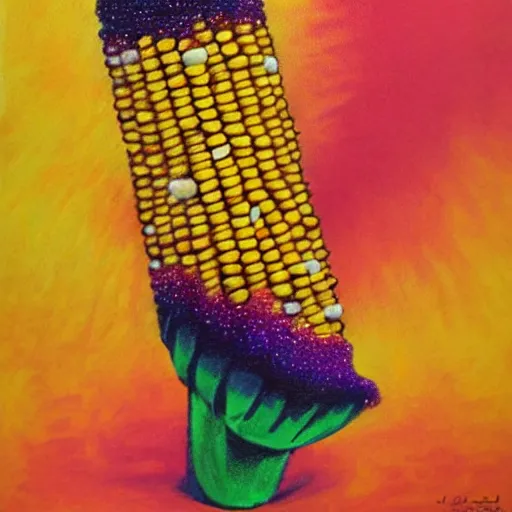 Image similar to UHD photorealistic Cosmic Corn on The Cob wearing a clown costume with real clown makeup in the style of tonalism