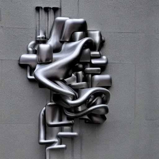 Prompt: liquid forms in metal abstract sculpture cyberpunk on concrete