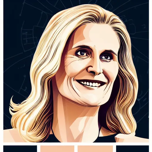 Image similar to smiling, happy, beautiful, intelligent, powerful helle thorning, loving eyes, fully clothed, wise, beautiful, dramatic lighting, sharp focus, art deco patterns by stanley artgerm, retro futurism, dramatic lighting, trending on artstation, flat colour, geometric curves, gradient filter