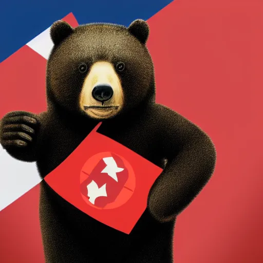 Image similar to a portrait of a socialist bear in a uniform waving a red flag