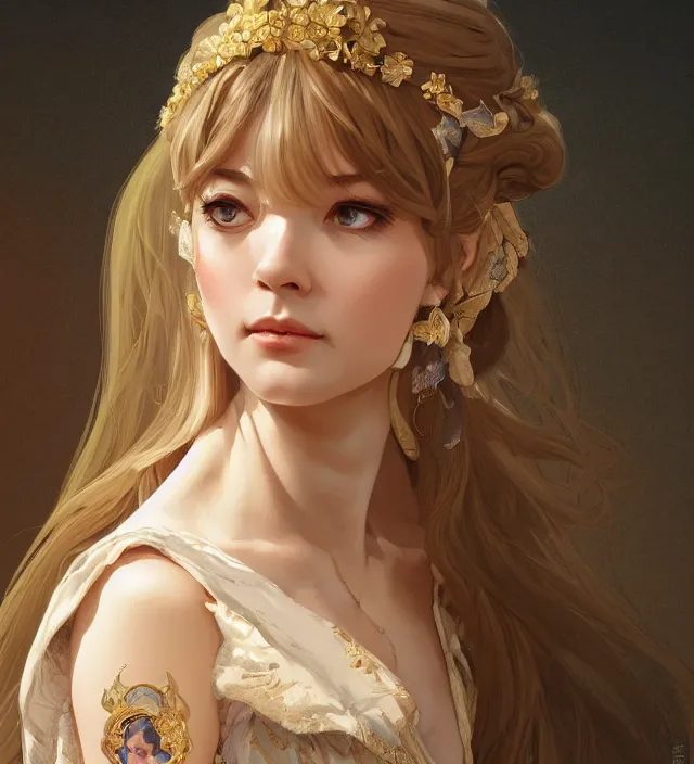 Image similar to portrait of of young beautiful female princess, d & d, baroque dress, elegant, flat lighting, intricate, highly detailed, digital painting, artstation, concept art, smooth, sharp focus, illustration, closeup, misa amane, art by simon bisley and greg rutkowski and alphonse mucha, natural tpose