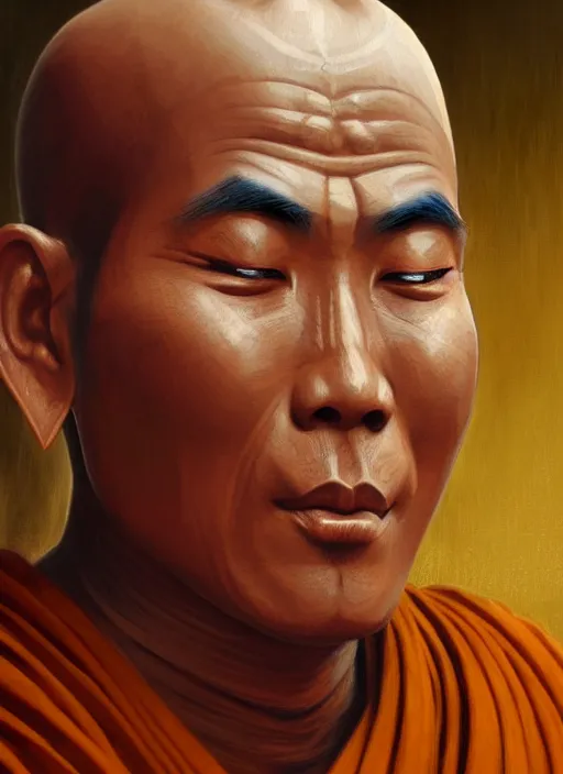 Image similar to smart tai buddhist monk, sukothai, closeup portrait, without beard and mustache, historical hero, ethnic group, tai costume, intricate, elegant, loin cloth, highly detailed, oil painting, artstation, concept art, matte, sharp focus, illustration, hearthstone, art by earl norem