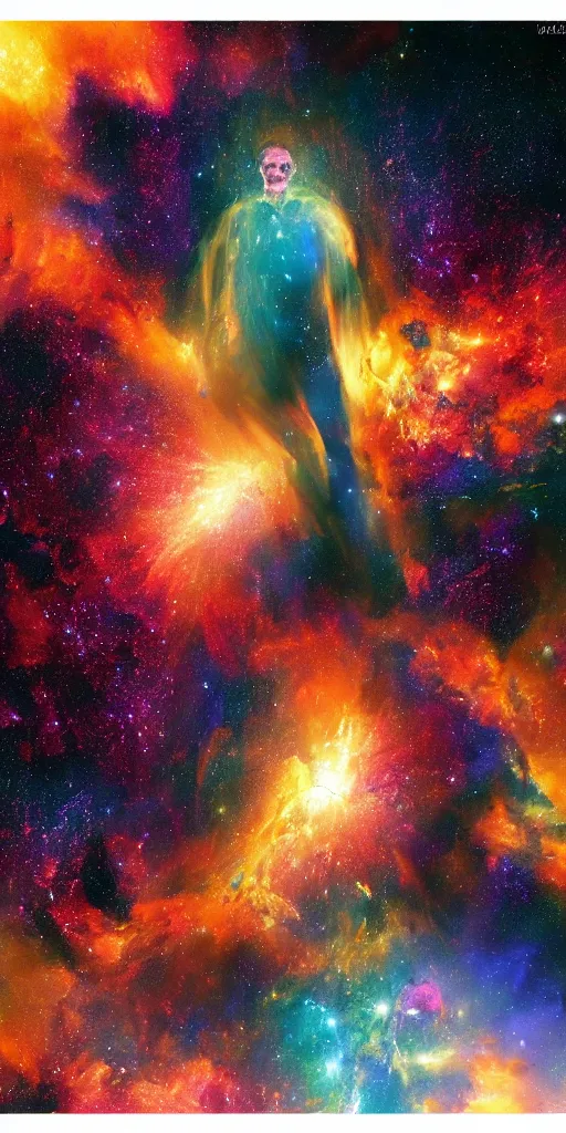 Image similar to an old painting of a man decipted as a nebula explosion, digital painting,
