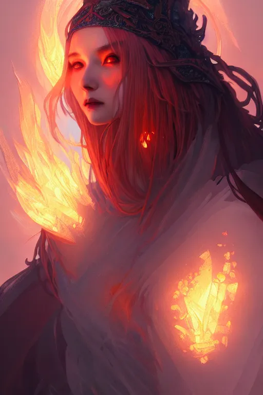 Image similar to beautiful ancient frost witch, flames all around, highly detailed, digital painting, artstation, sharp focus, illustration, art by tan zi and ayanamikodon and alphonse mucha and wlop