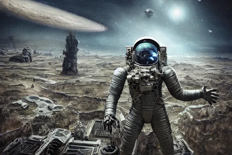 Image similar to distant low angel photograph of an astronaut exploring an abandoned alien planet with alien skeletons, alien skulls, fallen kingdom city ruins, science fiction, detailed space suit, cinematic, hypermaximalist, detailed, 4k, 8k, breathtaking stars, surrealism, distant, concept art, digital art, sharp focus, reflections, RTX, octane render, acid pixie, Trending on DeviantArt