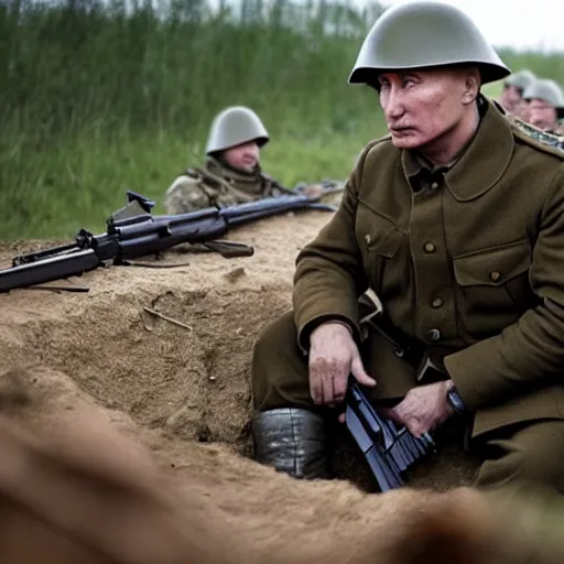 Image similar to Putin is sitting in the trenches and defending himself from Ukrainian troops, cinematic style