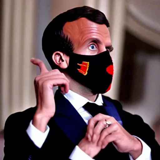 Prompt: Emmanuel Macron wearing a venitian mask in American Psycho (1999)