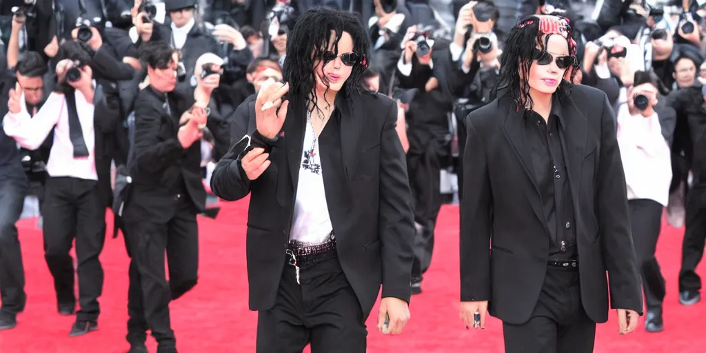 Image similar to michael jackson 2 0 0 9 style wearing shades, red carpet arrival, this is it style, photo real, pores, motion blur, solo, by himself, heroic pose, real life, spotted, ultra realistic face, accurate, 4 k, movie still, uhd, sharp, detailed, cinematic, render, modern