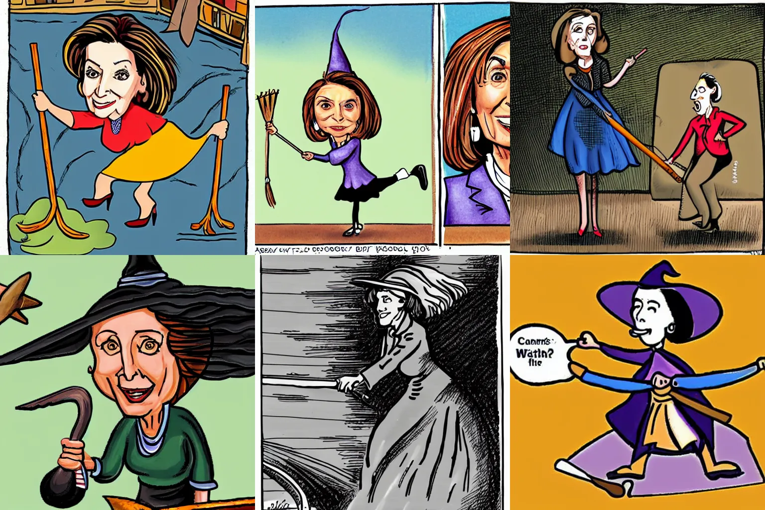 Prompt: a cartoonist image of Nancy pelosi riding a broomstick like a witch