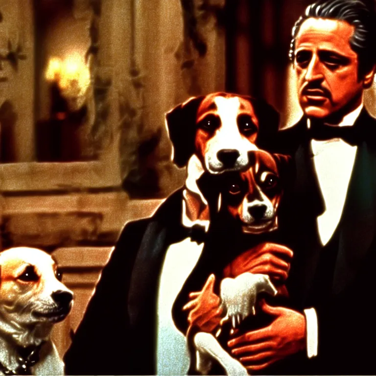 Prompt: cinescreen from the godfather, holding a dog, cinematic scene screen cap, realistic, film grain