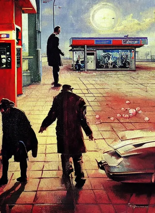 Image similar to a dariusz zawadzki painting of a creature covered in tripophobic holes walking towards a man at a gas station, full view, concept art, extremely high details, francis bacon, norman rockwell, hyper realistic high quality scene of the end of the world by francis bacon and edward hopper, horror art, scene from godfather