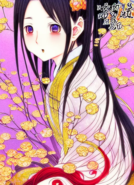 Image similar to exquisite imaginative manga portrait art of keqing from genshin impact, flowers, pearlescent, shimmering, reflective, rim light, detailed background,, art nouveau, illustration, pivix, concept art, highly detailed, colorful, maximalist