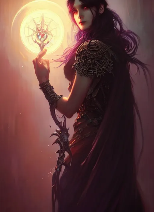 Image similar to Necromancer Sorceress, fantasy magic, undercut hairstyle, dark light night, intricate, elegant, sharp focus, illustration, highly detailed, digital painting, concept art, matte, art by WLOP and Artgerm and Greg Rutkowski and Alphonse Mucha, masterpiece