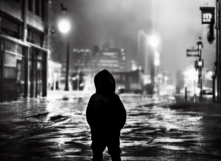 Image similar to boy from the back with a black hoodie and from the background an angel stares at him, empty city street at night, heavy rain, cars parked, dramatic lighting, cinematic, establishing shot, extremly high detail, photorealistic, cinematic lighting, epic fight scene, post processed