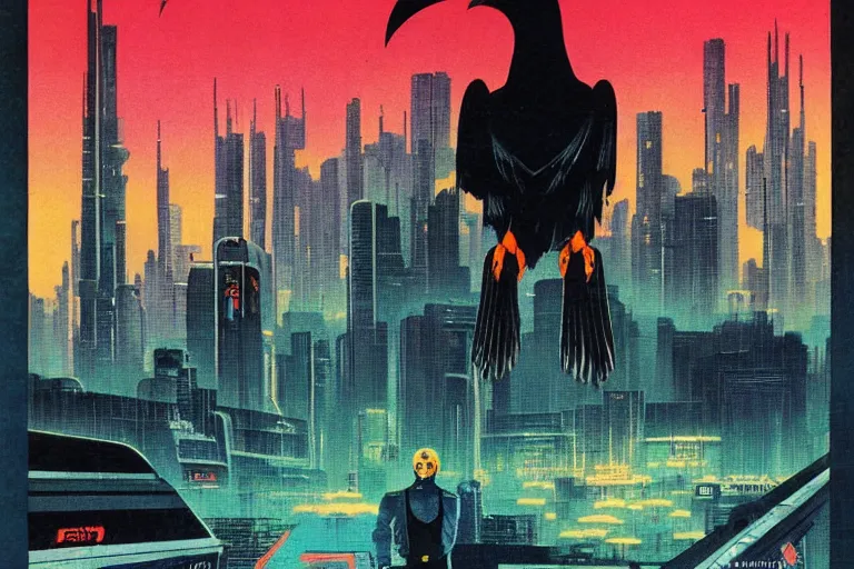 Prompt: 1979 OMNI Magazine Cover of a raven in neo-Tokyo in cyberpunk style by Vincent Di Fate