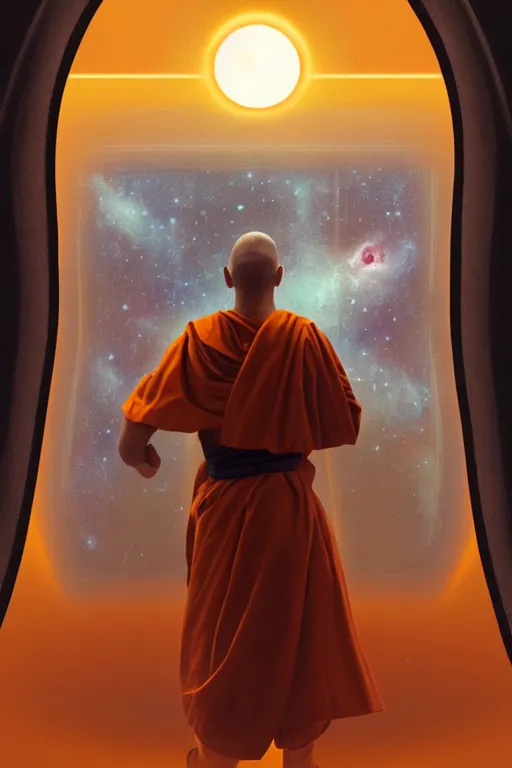 Prompt: portrait of a monk in a spaceship, window, nebula, orange robe, dramatic lighting, artstation, matte painting, ralph mcquarrie