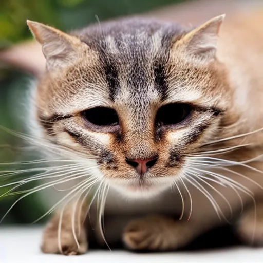 Prompt: a small domestic housecat with a thin mushroom growing atop its head