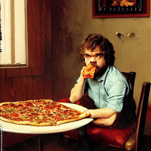 Image similar to peter dinklage eating pizza at a wooden table, artist norman rockwell,