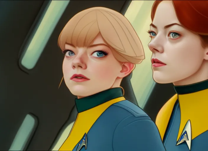 Image similar to a disney film still of emma stone as a star trek officer, finely detailed features, closeup of the face, perfect art, dusk, blue hour, gapmoe yandere grimdark, trending on pixiv fanbox, painted by greg rutkowski, makoto shinkai, takashi takeuchi, alphonse mucha, akihiko yoshida