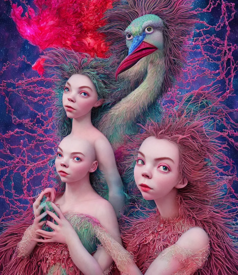 Prompt: hyper detailed 3d render like a Oil painting - kawaii portrait of jejune lovers embrace Aurora (a beautiful girl skeksis muppet fae princess protective playful expressive acrobatic from dark crystal that looks like Anya Taylor-Joy) seen red carpet photoshoot in UVIVF posing in scaly dress to Eat of the Strangling network of yellowcake aerochrome and milky Fruit and His delicate Hands hold of gossamer polyp blossoms bring iridescent fungal flowers whose spores black the foolish stars by Jacek Yerka, Ilya Kuvshinov, Mariusz Lewandowski, Houdini algorithmic generative render, golen ratio, Abstract brush strokes, Masterpiece, Edward Hopper and James Gilleard, Zdzislaw Beksinski, Mark Ryden, Wolfgang Lettl, hints of Yayoi Kasuma and Dr. Seuss, Grant Wood, octane render, 8k