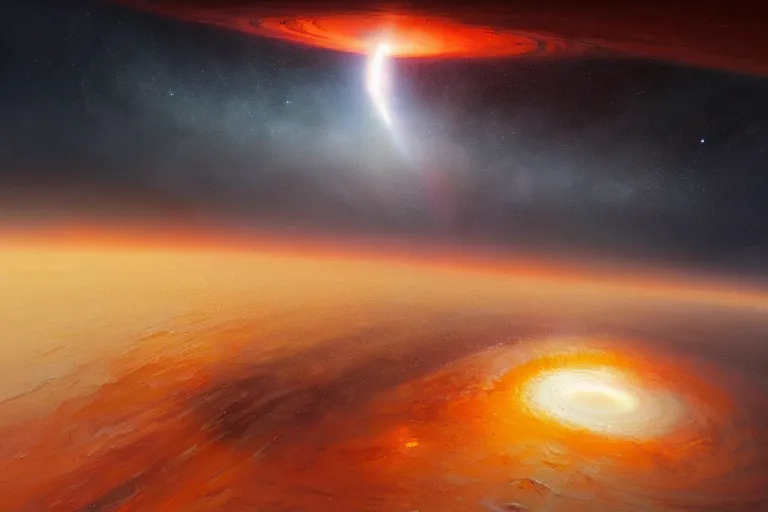 Prompt: a beautiful oil painting of the event horizon of a black hole, orange, warping, detailed, beautiful, awe - inspiring, bright, by greg rutkowski, trending on artstation