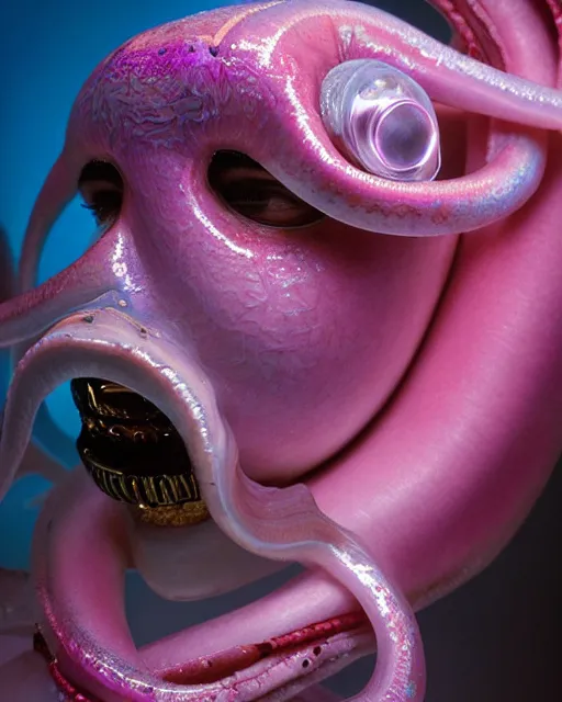 Image similar to natural light, soft focus portrait of a cyberpunk anthropomorphic squid with soft synthetic pink skin, blue bioluminescent plastics, smooth shiny metal, elaborate ornate head piece, piercings, skin textures, by annie leibovitz, paul lehr