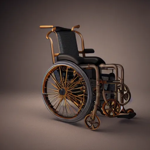 Image similar to a 3d render of a steampunk wheelchair, ultra detailed, realism, 8k, octane render, unreal engine