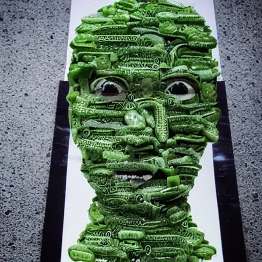 Prompt: a man made entirely of pickles, highly detailed, horror movie, black and white