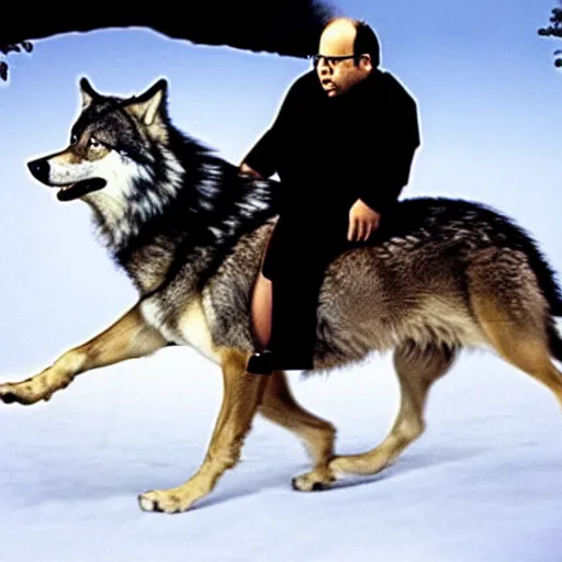 Image similar to George Costanza (from Seinfeld) riding a wolf