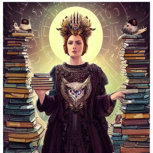 Image similar to a portrait of alexandra breckenridge as the goddess minerva surrounded by stacks of books, and owls, bioluminescent gown with deep level of detail of esoteric symbols, urban motifs, intricate, elegant, highly detailed, digital painting, trending on artstation, concept art, smooth sharp focus, illustration, art by artgerm and greg rutkowski