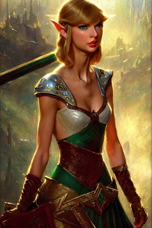 Image similar to taylor swift as princess zelda as a magic the gathering card portrait dnd, painting by gaston bussiere, craig mullins, greg rutkowski, yoji shinkawa