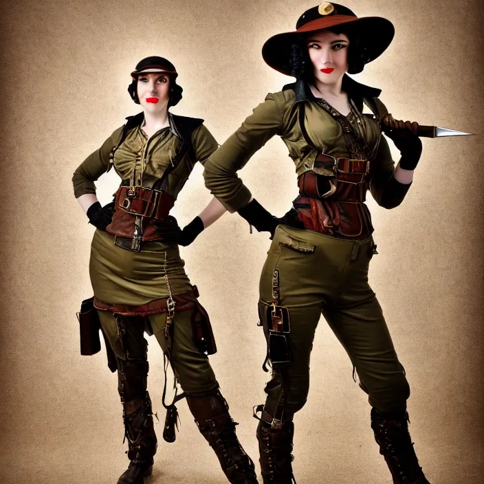 Prompt: full length photo of a very beautiful female slim dieselpunk warrior, 8 k, hdr, smooth, sharp focus, high resolution, award - winning photo