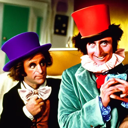 Image similar to willy wonka is sick in the hospital, oompa loompas dace around his bed, vacation photo, 8 0 s film