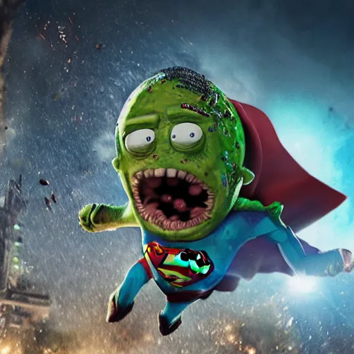 Image similar to pickle rick is flying as superman flying in ( gears of war ), splash art, movie still, detailed face, photorealistic facial features, cinematic lighting, dramatic, octane render, long lens, shallow depth of field, bokeh, anamorphic lens flare, 8 k, hyper detailed, 3 5 mm film grain