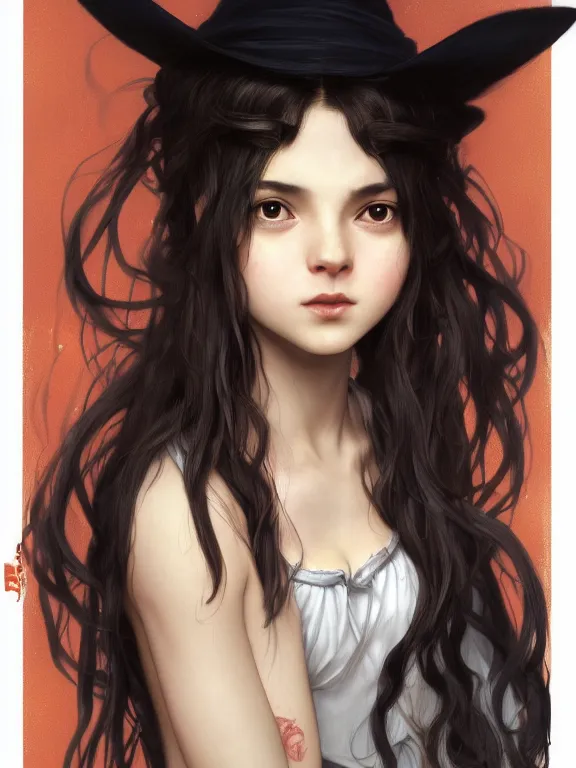 Prompt: Full shot of a mischievous young witch about to get up to some trouble. Latin American fashion. Black and Orange palette. Latina girl. brown skin. defined facial features, symmetrical facial features. By Ruan Jia and Artgerm and Range Murata and WLOP and Ross Tran and William-Adolphe Bouguereau. Key Art. Fantasy Illustration. award winning, Artstation, intricate details, realistic, Hyperdetailed, 8k resolution.