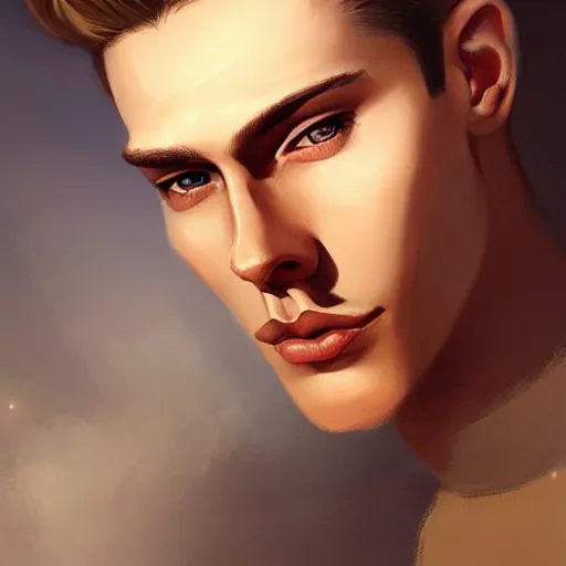 Prompt: tall man in his twenties with brown blond short quiff hair and round facial structure with cleft chin, straight eyebrows, cheekbones, big hazel nut brown eyes, atmospheric lighting, painted, intricate, 4 k, highly detailed by charlie bowater