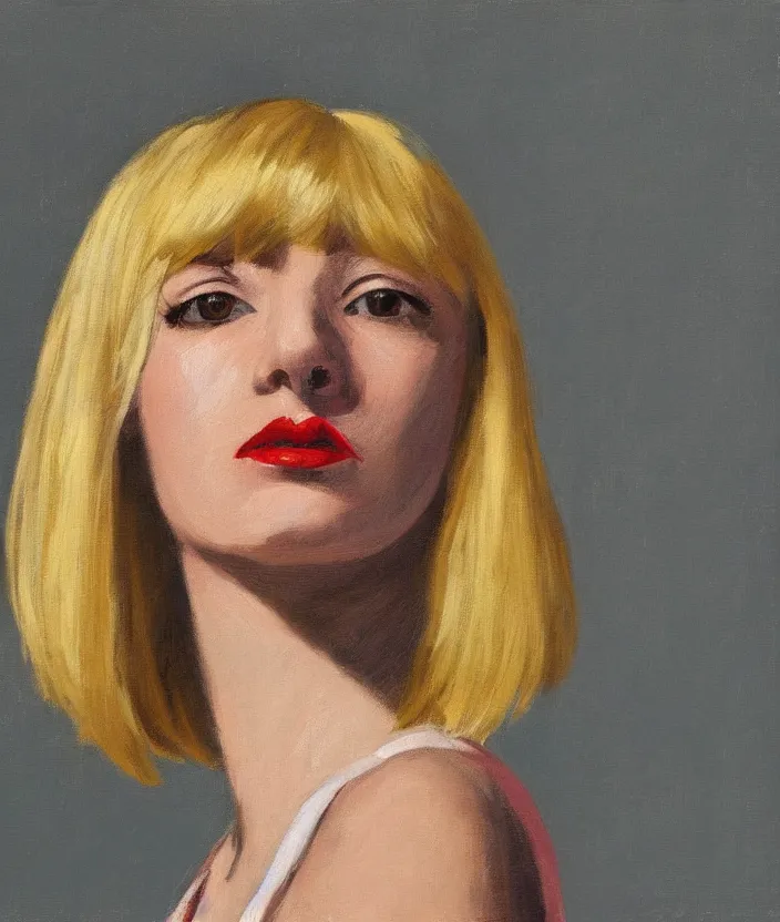 Image similar to a closeup portrait of woman with a blonde bob with bangs, frontal view, in the style of edward hopper, very fine brush strokes, 4 k,