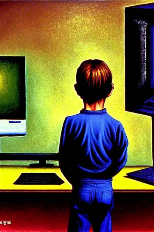 Image similar to realistic detailed color photo of a standing figure of a five years old boy in front of a PC computer monitor in an old dirty soviet apartment by and Mark Brooks, Neo-Gothic, gothic, rich deep colors. Beksinski painting, from a movie by David Cronenberg. masterpiece. realistic detailed image. Photographed with Leica Summilux-M 24 mm lens, ISO 100, f/8, Portra 400, kodak film, anamorphic lenses. high quality