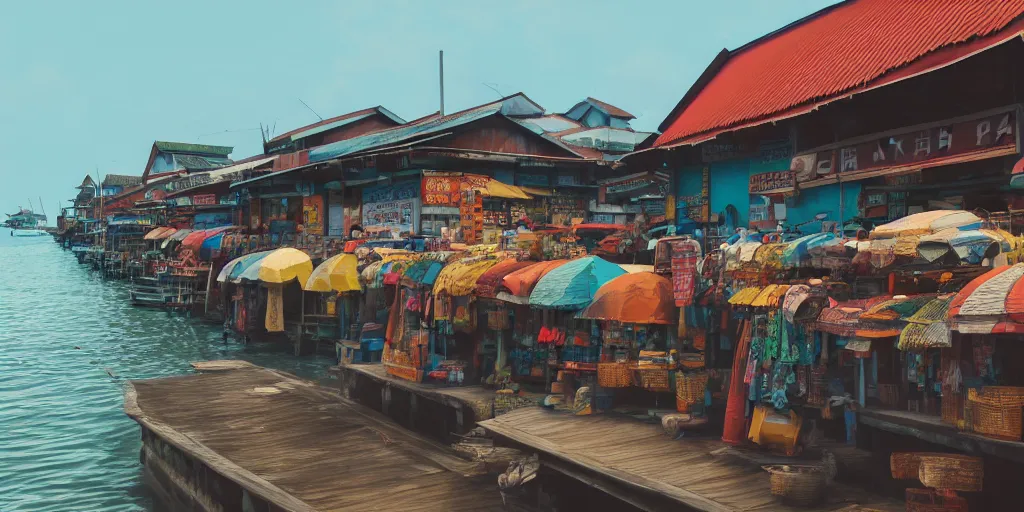 Image similar to close - up of shops at pulau indah fishing village, near a jetty, early morning, detailed matte painting, low angle view, telephoto lens, bokeh, studio ghibli, artstation