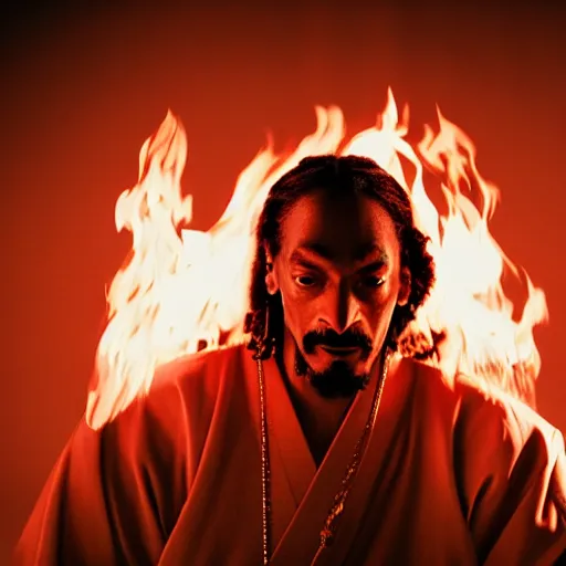 Image similar to cinematic film still of Snoop Dogg starring as a Samurai holding fire, Japanese CGI, VFX, 2022, 40mm lens, shallow depth of field, film photography