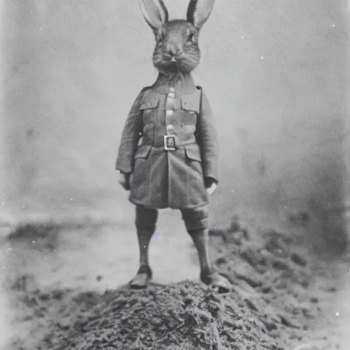 Prompt: a black and white photograph, portrait of a rabbit wearing ww1 uniform, standing in a muddy trench