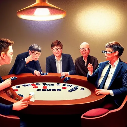 Image similar to UHD photorealistic Elon Musk playing poker with Satoshi Nakamoto, Klaus Schwab, and Bill Gates, hyperrealistic, correct details, cosmic studio lighting, symmetrical faces, accurate faces, by Greg Rutkowski