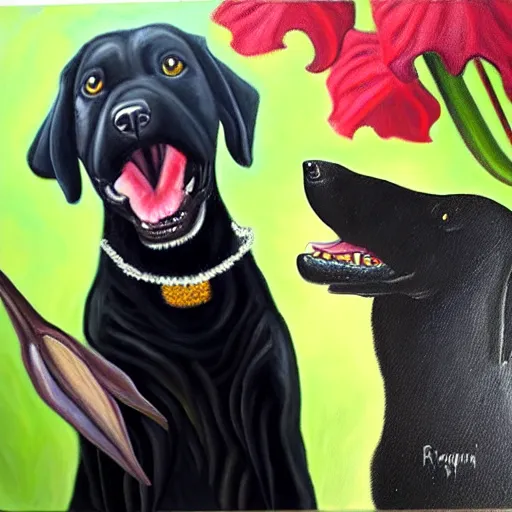 Image similar to realistic oil painting of a vicious black dog bearing its fangs next to brugmansia suaveolens flowers