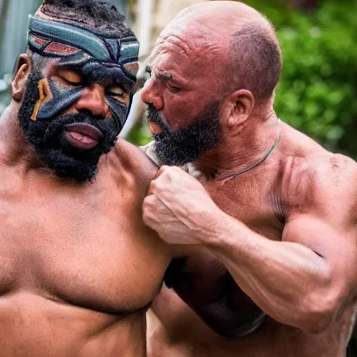Image similar to mr. t fighting old man, backyard wrestling, intricate complexity, extremely detailed, very sharp,