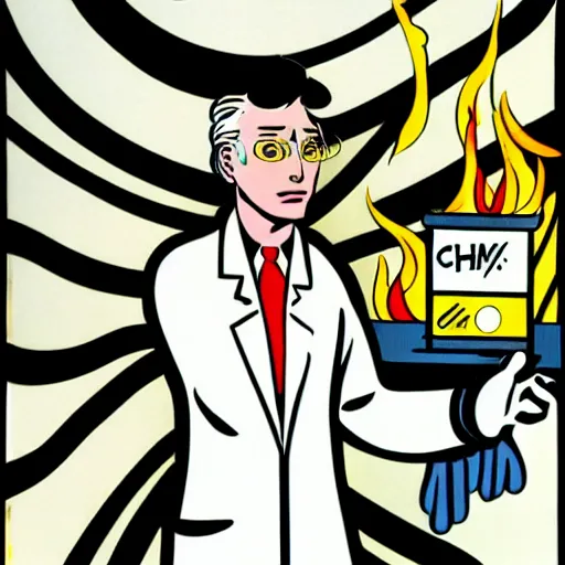 Image similar to a burning chemist in a white coat, roy lichtenstein