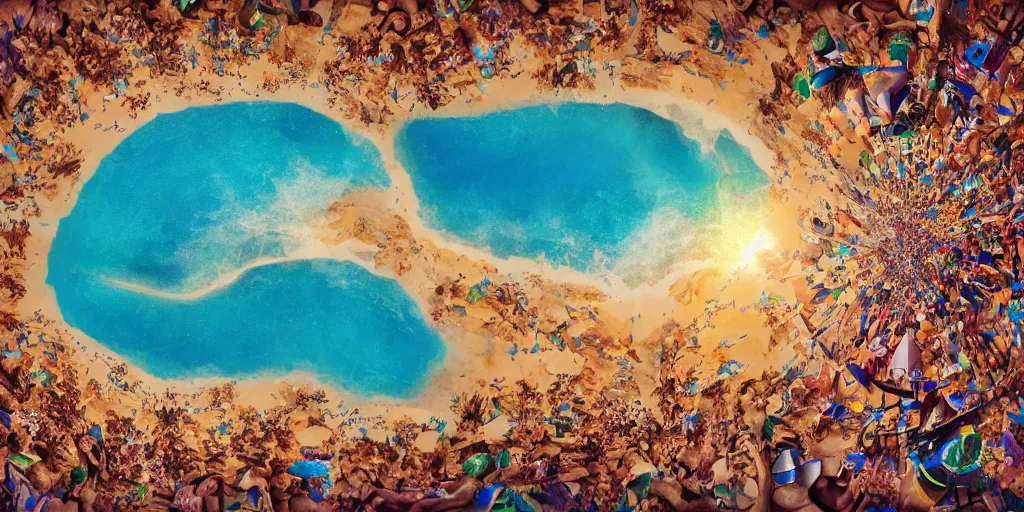 Prompt: 3 6 0 panorama hdr environment map of being on a beach party people music sand light sunset photograph very high detail focus octane render