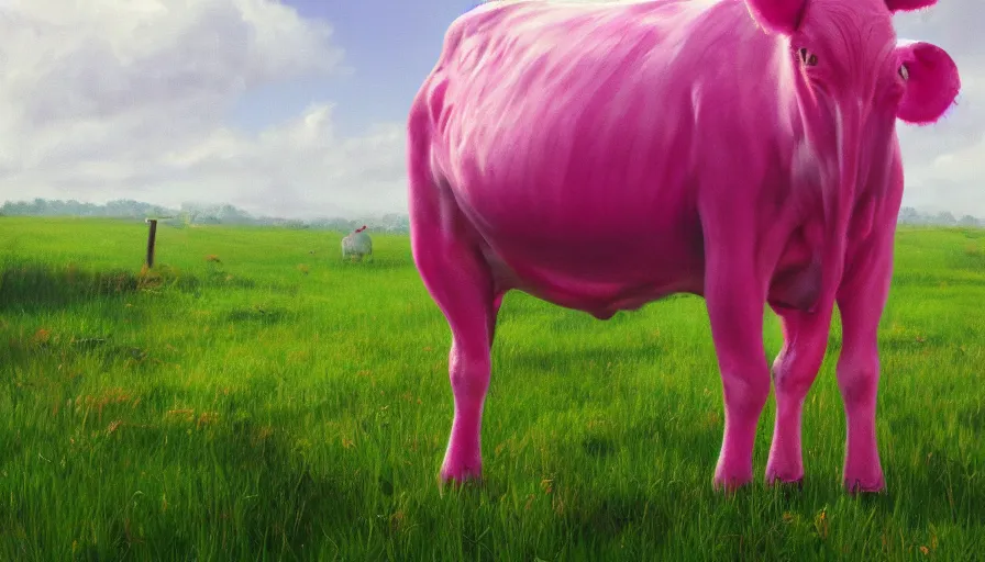 Ultra realistic pink cow in 8K, strawberries