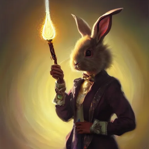 Image similar to oil painting of a rabbit dressed like a female magician holding a magic wand, urban fantasy art by seb mckinnon, artstation npc character design, top - rated