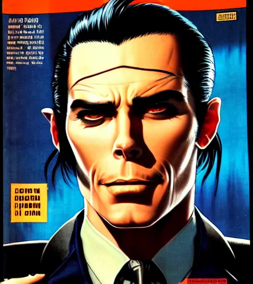 Image similar to a cyberpunk very ugly mafia boss in a suit with slicked back black hair played by christen bale staring at the camera, 1 9 7 9 omni magazine cover, style by vincent di fate, artgerm, very coherent, detailed, 4 k resolution, dark, unreal engine, daz