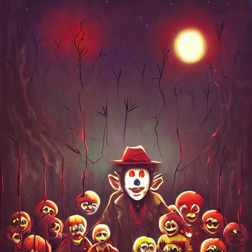 Prompt: creepy clowns surrounding children at night by anato finnstark